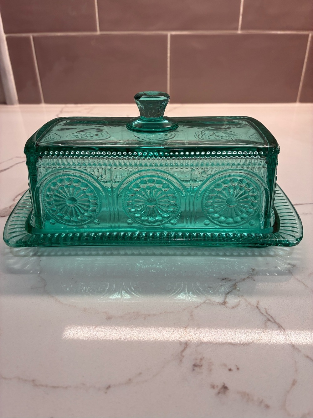 The Pioneer Woman Adeline Teal Pressed Glass Butter Dish with Lid